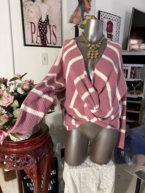 Striped Twist-Front Knit Sweater - Mauve/White Hazel Moon Large
